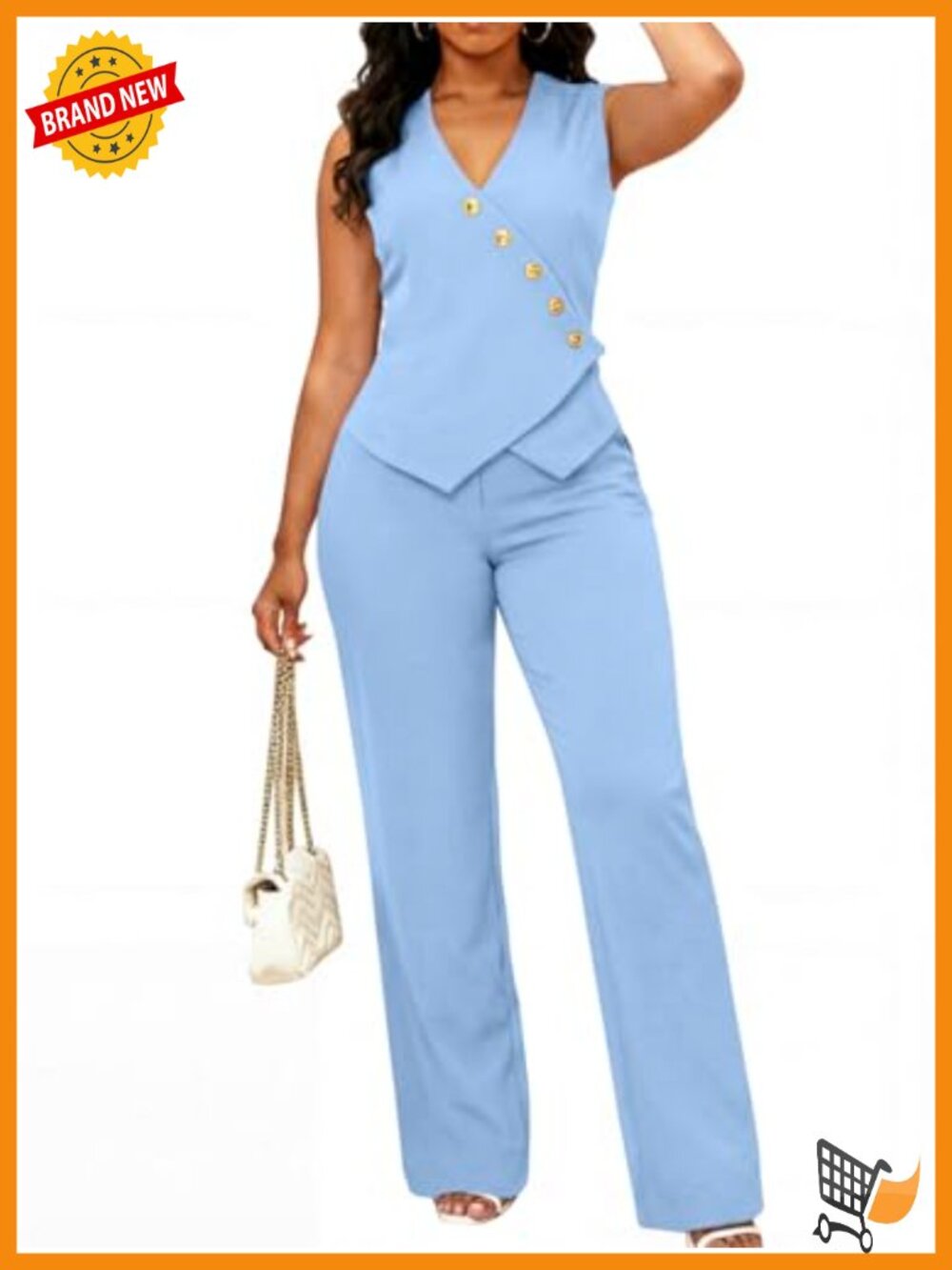 Women Dressy Two Piece Pantsuit Set Sleeveless Blazer Vest with Gold Buttons - Picture 3 of 6